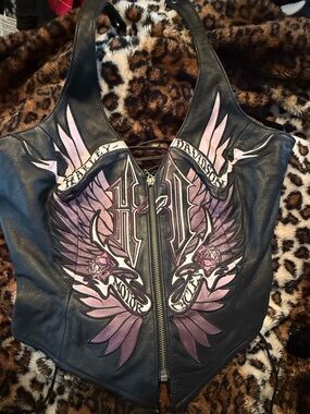 Harley-Davidson Black Leather Vest with Maroon Lining